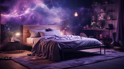Interior Design of a Magical Bedroom full of Fog. Weird Dreams. Purple & Pink Mystical Lighting