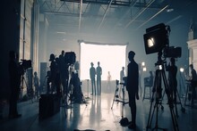 lighting movie making commercial working scenes film behind professional video big studio production people set silhouette