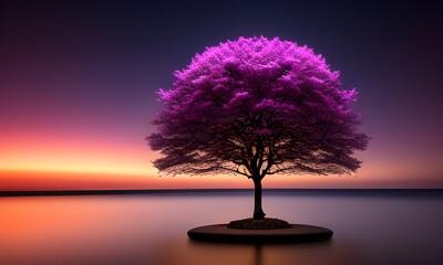 Wall Mural - multicolor beautiful science fiction single tree in the evening galaxy space background