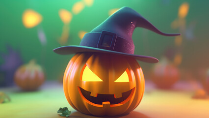 Wall Mural - 3d cute mascot cartoon character Jack O Lantern pumpkin with witches hat, coffin, zombie, bat, isolated on pastel blurred background, design for greeting card, halloween theme