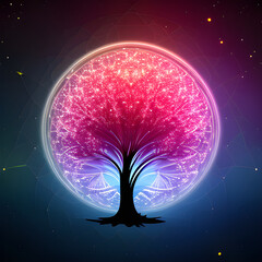 Wall Mural - multicolor beautiful science fiction single tree in the evening galaxy space background