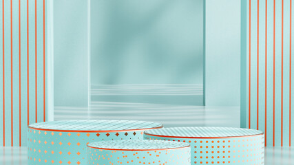 Wall Mural - Three round podiums with gold pattern. Background for product presentation. Light turquoise color. Sunlight and shadows on the walls and floor.