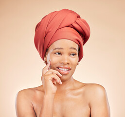Wall Mural - Beauty, thinking and black woman in studio with hair scarf, idea or smile for natural cosmetics on brown background. Happy, skincare and African lady model with head wrap, wellness or glow treatment