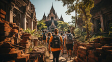 Tourists Walking In Front Of Temple In Koh Samui Thailand.