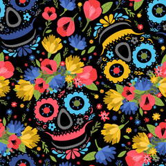 Seamless pattern with floral sugar skulls and flowers. The Day of the Dead. Beautiful colorful illustration.