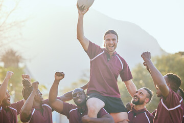 Canvas Print - Portrait, sports and rugby team celebrate teamwork, carry player and happy for game victory, competition point or match try. Success motivation, champion winner and group fist pump, excited or cheers