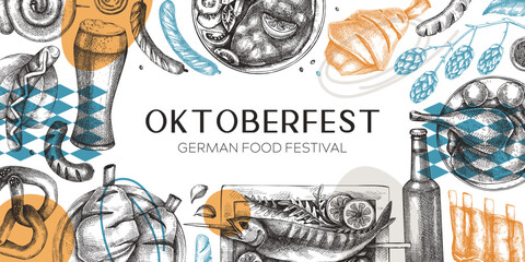 Collage style Oktoberfest background. German food and drinks menu design template. Meat dishes sketches. German cuisine vintage frame. Traditional beer festival banner. Oktoberfest party flyer