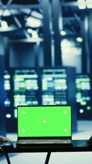Poster - vertical video teamworking professionals running code on chroma key laptop, troubleshooting data cen