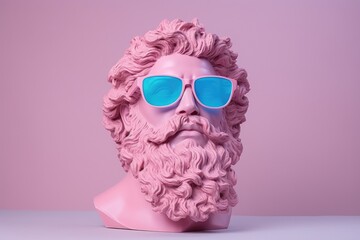 Wall Mural - Greek pink bust with brutal god Zeus wearing blue glasses on pink pastel background.