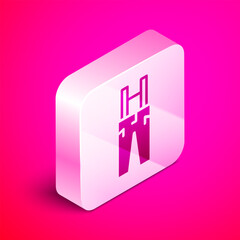 Canvas Print - Isometric Pants with suspenders icon isolated on pink background. Silver square button. Vector