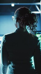 Poster - Vertical video Employee walking through data center infrastructure clusters providing processing resources for different workloads. Engineer inspecting server rigs tasked with solving complex