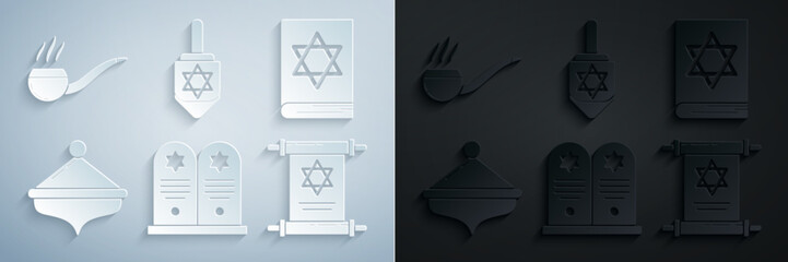 Poster - Set Tombstone with star of david, Jewish torah book, Hanukkah dreidel, Torah scroll, and Smoking pipe smoke icon. Vector