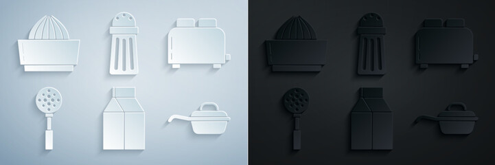 Sticker - Set Paper package for milk, Toaster with toasts, Spatula, Frying pan, Salt and Citrus fruit juicer icon. Vector