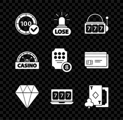 Canvas Print - Set Casino chips, losing, Slot machine with lucky sevens jackpot, Diamond, Online slot, Playing card diamonds, signboard and icon. Vector