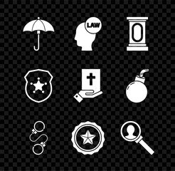 Sticker - Set Umbrella, Head with law, Stage stand or debate podium rostrum, Handcuffs, Police badge, Magnifying glass for search, and Oath on the Holy Bible icon. Vector