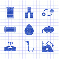 Sticker - Set Oil drop, Gasoline pump nozzle, Drop crude oil price, industrial factory building, Oilfield, Industry pipe, exchange and Barrel icon. Vector