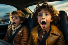 Unbearably Loud Child Screaming In Backseat, Sibling Covering Ears. Perfect For Family Road Trip Narratives, Exploring Childhood Dynamics And Expressions Of Frustration.