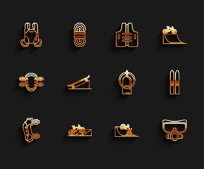 Sticker - Set line Knee pads, Bicycle on street ramp, Parachute, Diving mask, Skateboard, Ski and sticks and Aqualung icon. Vector