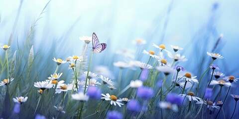 Wall Mural - Beautiful wild flowers chamomile, purple wild peas, butterfly in morning haze in nature close-up macro. Landscape wide format, cool blue tones. Delightful pastoral airy artistic, Generative AI