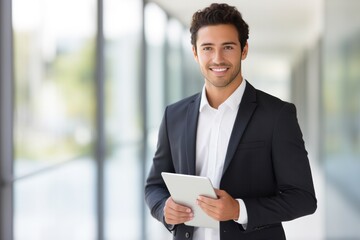 young professional Latin businessman, looking at the camera while holding a digital tablet, stands in an office