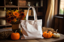 White Shopping Bag For Text Or Logo Insertion, Displayed On Wooden Table Surrounded By Pumpkins Pine Cones And Autumn Flowers. Autumn Mood.