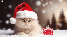 British Longhair Kitten In A New Year's Santa's Hat Lies On The Snow Near A Red Gift Box.