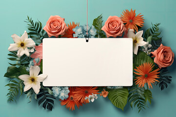 Wall Mural - White blank card or tag on bright floral background. Empty space for promotional text.