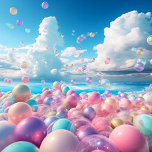 Colorful Balloons In The Sky Background, In The Style Of Surreal 3d Landscapes, Pink And Aquamarine