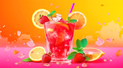 Wall Mural - Fresh healthy limonate cocktail with crushed ice, strawberry and mint. Generative ai