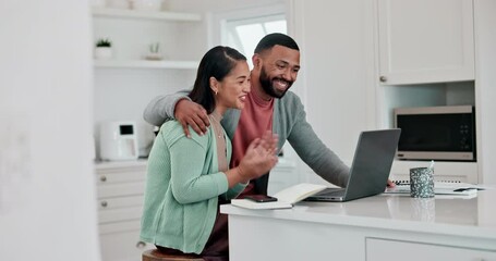 Aufkleber - Happy couple, laptop and video call in kitchen for friendly discussion, communication or networking at home. Man and woman wave in hello on computer for conversation, online chat or webinar in house