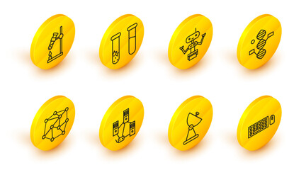 Poster - Set line Keyboard and mouse, Radar, Computer network, Neural, DNA symbol, Robot, Test tube flask and on fire icon. Vector
