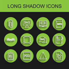 Poster - Set line Mathematics function sine, Equation solution, Book with word mathematics, Graph, schedule, chart, diagram, Calculator, Chalkboard, Open book and Geometric figure Cone icon. Vector