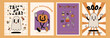 Halloween retro event poster set with funny groovy mascots. A4 format party card for Fall season. Pumpkin, ghost, scull. Groovy autumn poster print template. Vector vintage cartoon style illustrations