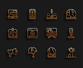 Sticker - Set line Megaphone, War journalist, World news, Live report, Antenna, stream, Microphone and Breaking icon. Vector