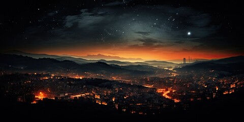 Wall Mural - a city at night with satellites overhead Generative AI