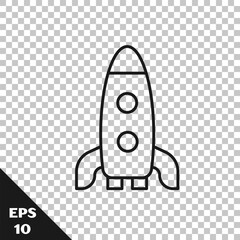 Poster - Black line Rocket ship icon isolated on transparent background. Space travel. Vector
