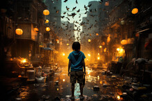 Little Boy Standing In The Ghetto. High Quality Photo