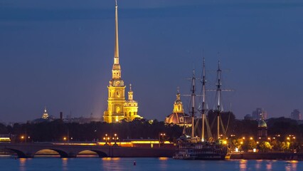 Poster - Peter and Paul Fortress after sunset, founded by Peter the Great in 1703, transitions from day to night in this timelapse. Located in St. Petersburg, Russia