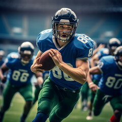 Sticker - American football players in dynamic action is running with ball at stadium under rain, sport arena, movement, achievements, leadership, Sports emotions	