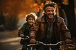 © matteo - Happy father and son riding bicycle in autumn forest. They are smiling and looking at camera. generative AI