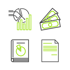 Poster - Set line Document, User manual, Stacks paper money cash and Pie chart infographic icon. Vector