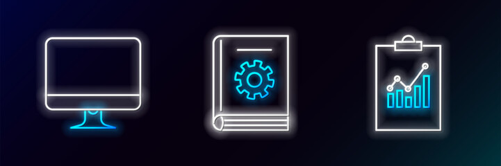 Fototapete - Set line Clipboard with graph chart, Computer monitor screen and User manual icon. Glowing neon. Vector