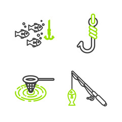 Sticker - Set line Fishing rod and fish, net water, hook and under with icon. Vector