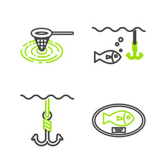 Poster - Set line Fish trophy hanging on the board, Fishing hook under water, with fish and net icon. Vector