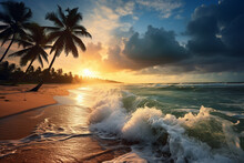 Tropical Beach Panorama View With Foam Waves Before Storm, Seascape With Palm Trees, Sea Or Ocean Water Under Sunset Sky With Dark Blue Clouds. Background Of Summer Waves, Sand Coastline At Evening.