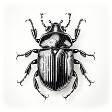 Antique Woodcut Engraving Of A Black Beetle. Dark Academia Vintage Victorian Style, Monochrome Linocut Engraving Line Art Black On White Background. GENERATIVE AI
