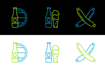 Canvas Print - Set line Crossed sausage, Beer bottle and wooden barrel and glass icon. Vector