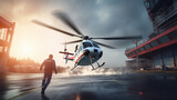 A paramedic runs up to the landing helicopter.generative ai
