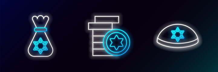 Wall Mural - Set line Jewish kippah with star of david, money bag and coin icon. Glowing neon. Vector