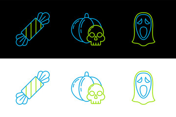 Poster - Set line Funny and scary ghost mask for Halloween, Candy and Pumpkin skull icon. Vector